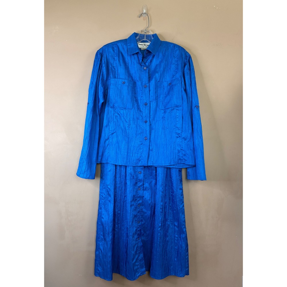 Donna Morgan Non Stop Royal Blue Crinkle 2 Piece Shirt and Maxi Skirt‎ Set 11/12